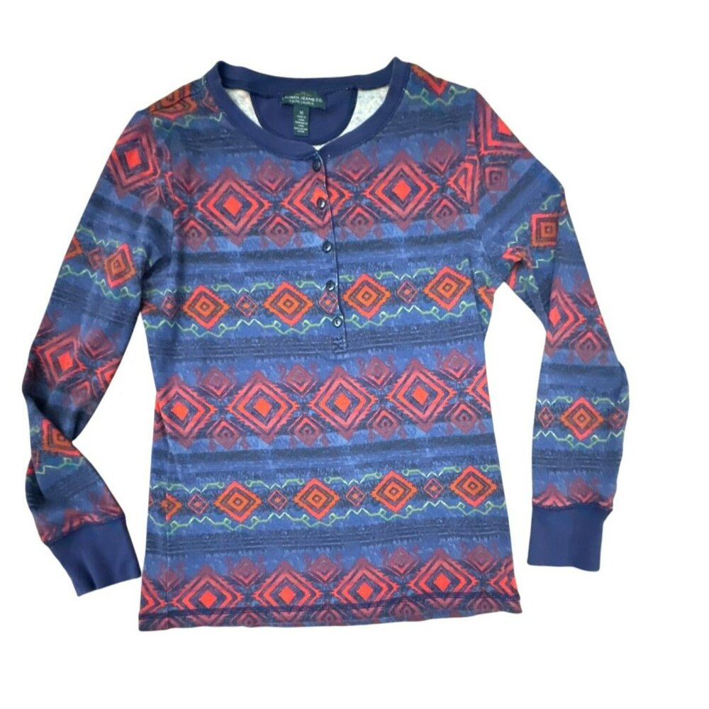LRL Ralph Lauren Southwestern Aztec Shirt Medium Blue Red Cotton Western Cowgirl